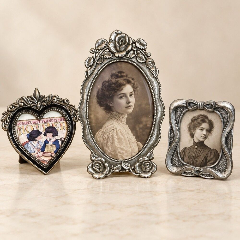 Vintage Silver Tone Picture Frames Set of 3 Heart Oval Floral Bow Tabletop Decor